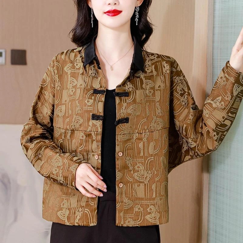 新中式盘扣提花衬衫外套女士早秋薄款气质百搭妈妈装国风唐装上衣
