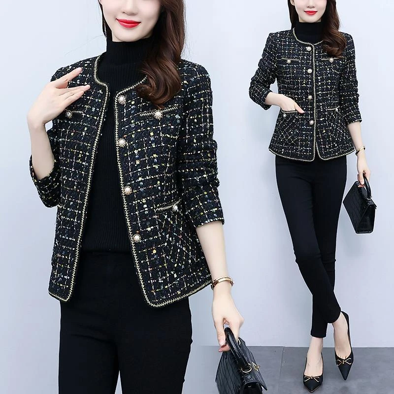 小香风毛呢外套女2024秋新款小个子时尚妈妈装高级感格子短款上衣