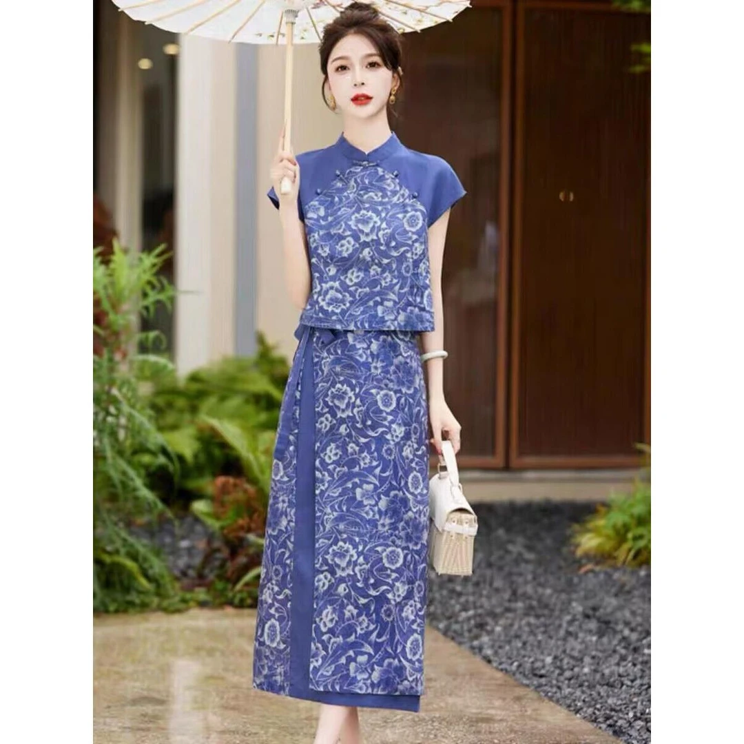 新中式国风清冷系禅意茶服套装改良旗袍青花瓷苎麻显瘦气质连衣裙