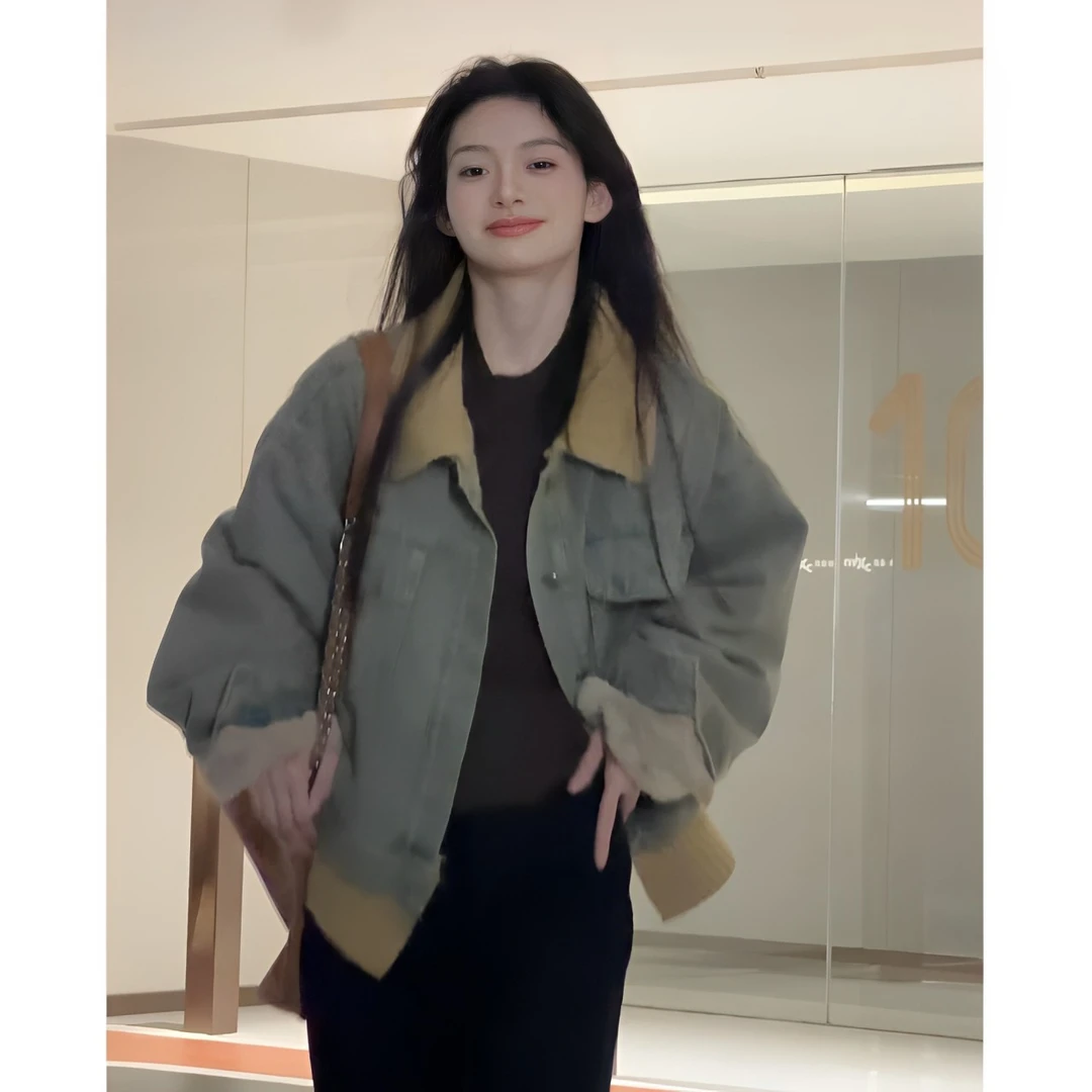 秋冬季加绒休闲机车服夹克上衣美式复古慵懒风撞色翻领牛仔外套女