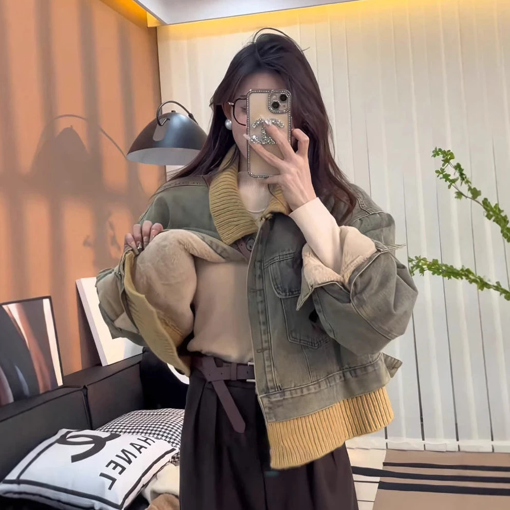美式复古慵懒风撞色翻领牛仔外套女秋冬季加绒新款休闲加绒款上衣