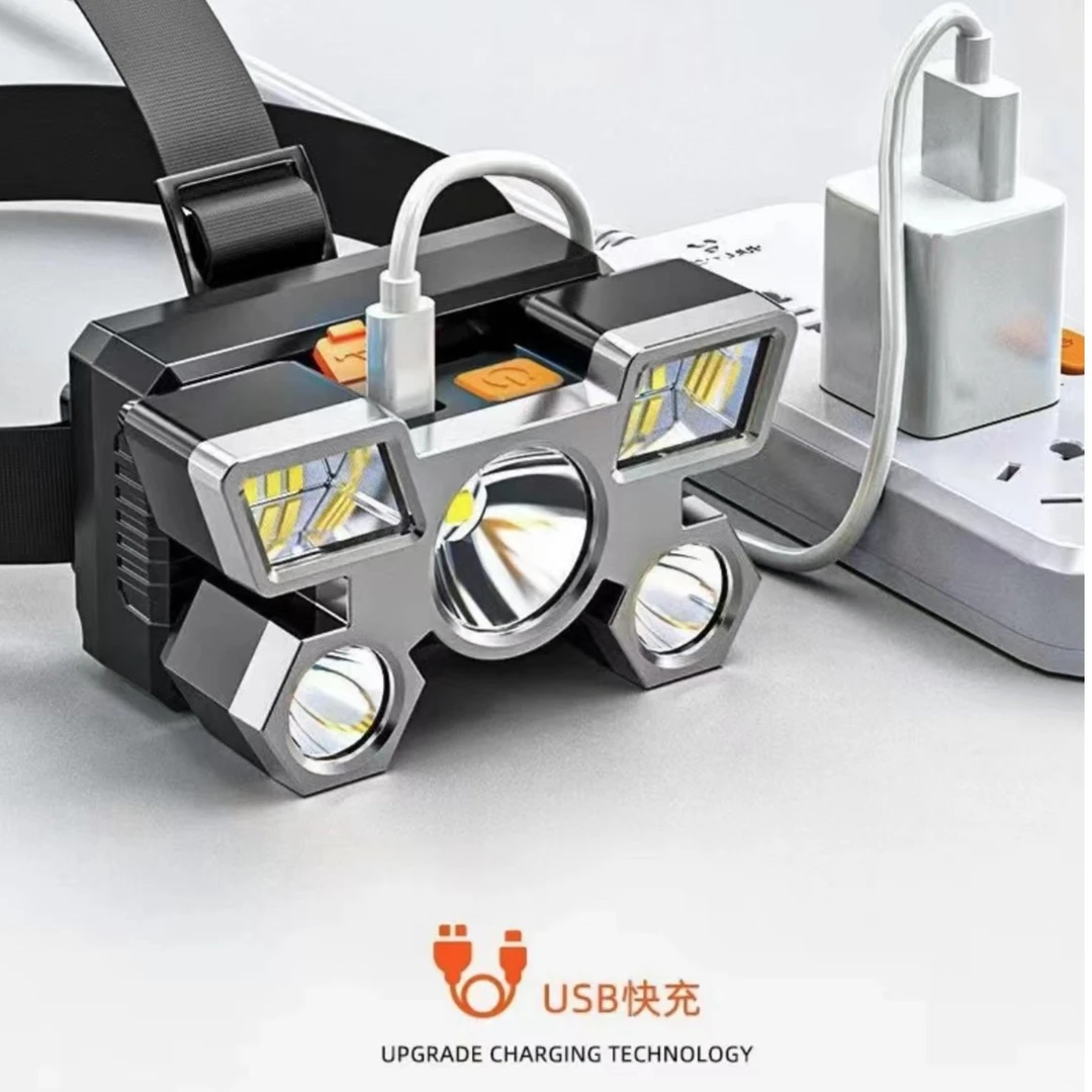 头灯夜钓灯五头灯 可充电头戴式 超亮手电筒 强光户外野营必备品