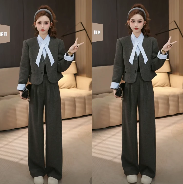 韩系气质长款宽松西装款拼接衬衫外套显瘦阔腿裤两件套