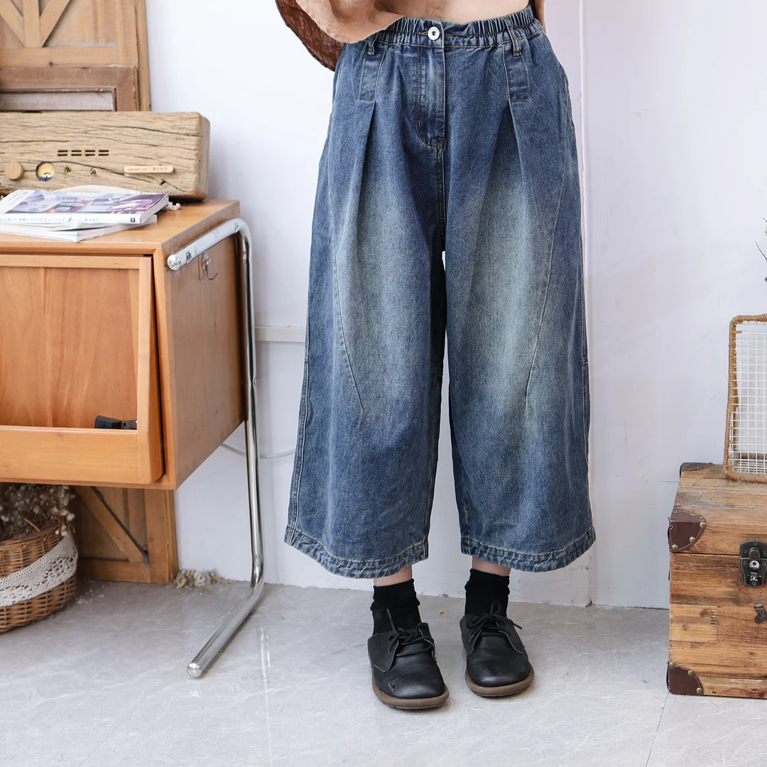 美村2024秋冬新款日系高端松紧腰拉链牛仔裤阔腿裤显瘦百搭文艺