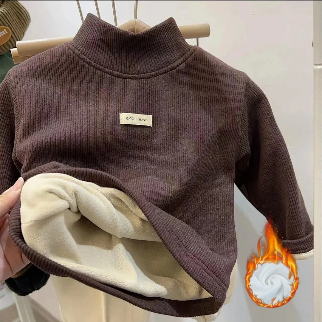 儿童加绒打底衫男女童内搭冬超厚防冻打底衫中小童装保暖高领长袖