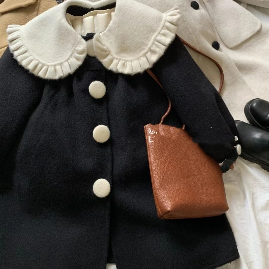 女童秋冬季2023新款外套中长款黑色娃娃领夹棉儿童宝毛呢大衣呢子