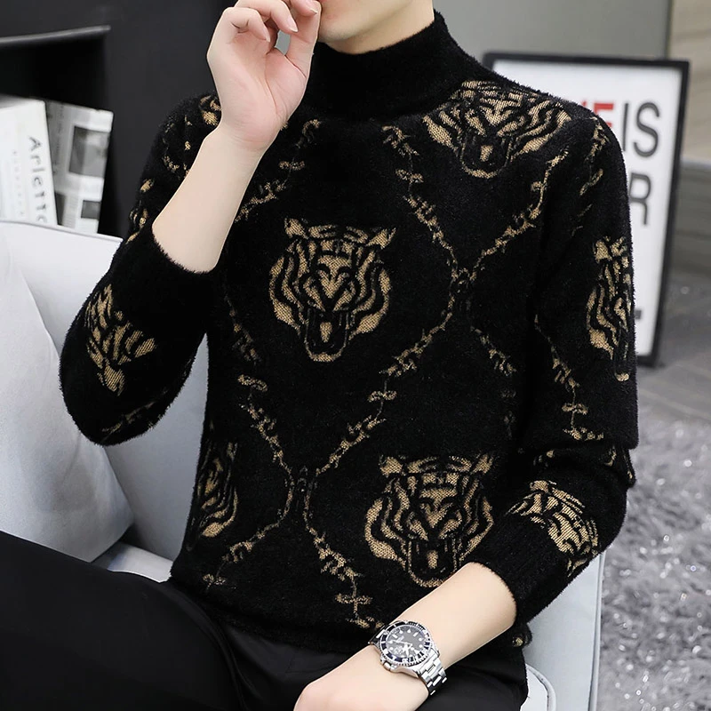 男式水貂绒毛衣2025春秋款休闲提花虎头打底衫保暖加厚中领线衣男