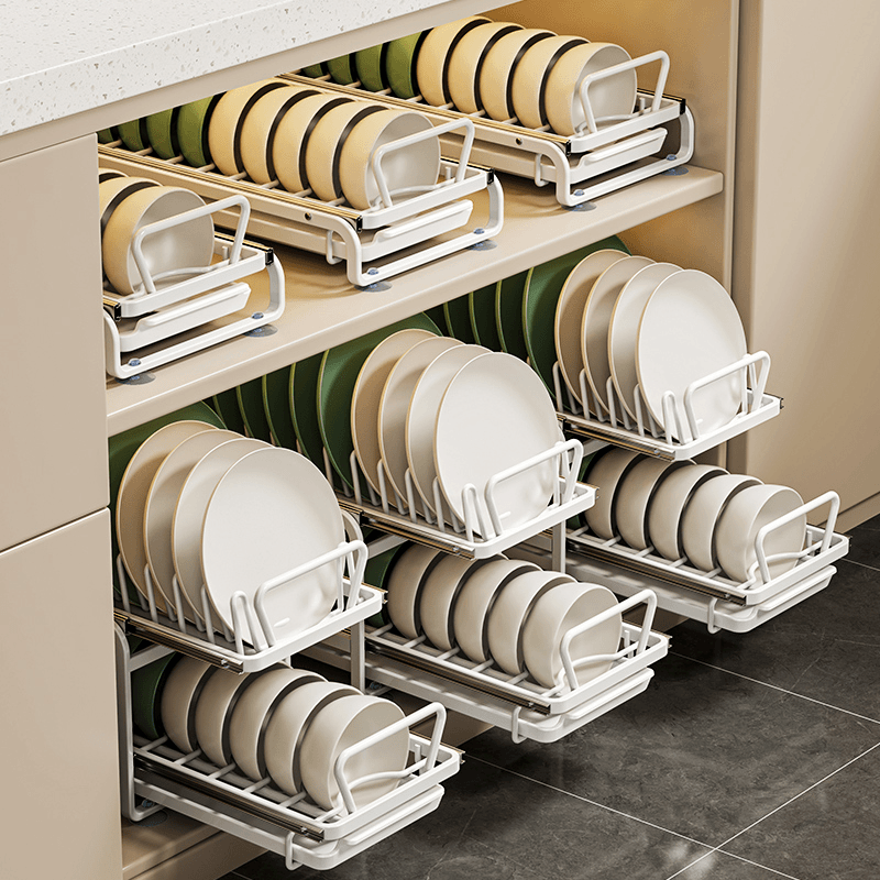双层收纳碗碟架拉篮抽屉式厨房置物架多功能钢碗碟沥水架沥水碗架