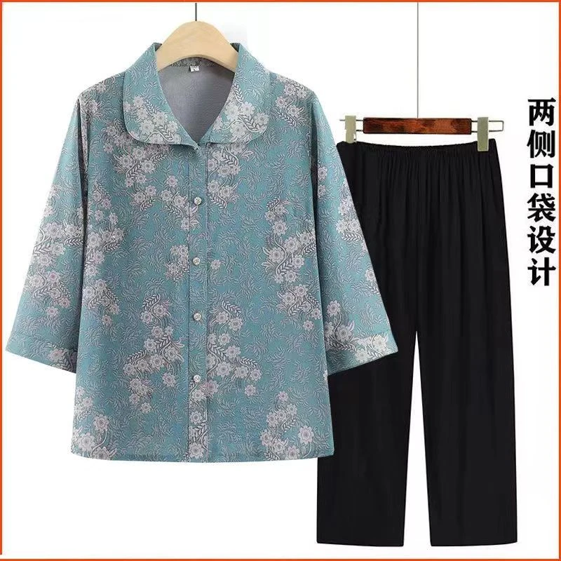 奶奶装夏装70七分袖衬衣妈妈秋季套装上衣裤子两件套老年人衣服女