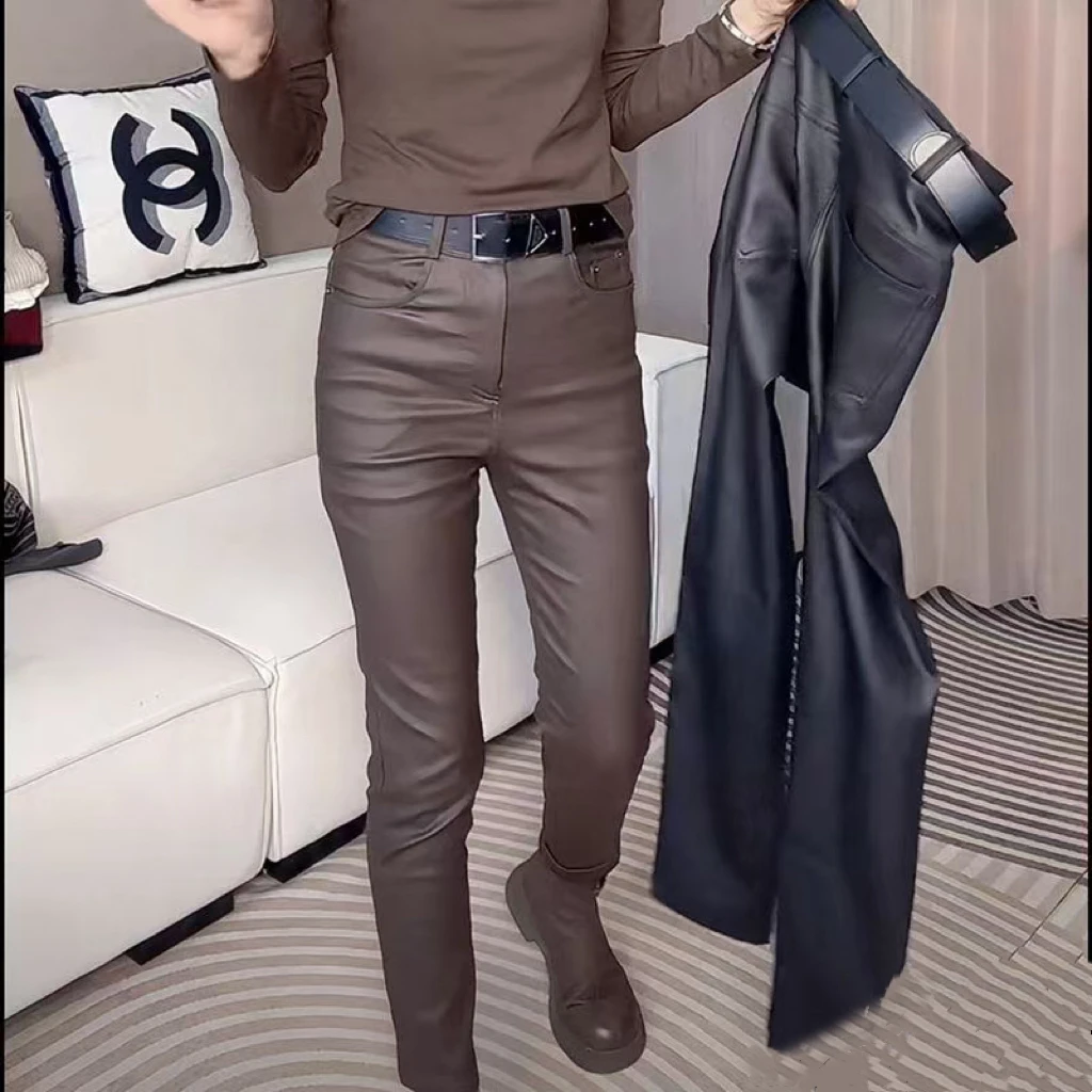 2024秋冬新款百搭加绒弹力显瘦修身涂层小脚裤女纯色铅笔九分裤子