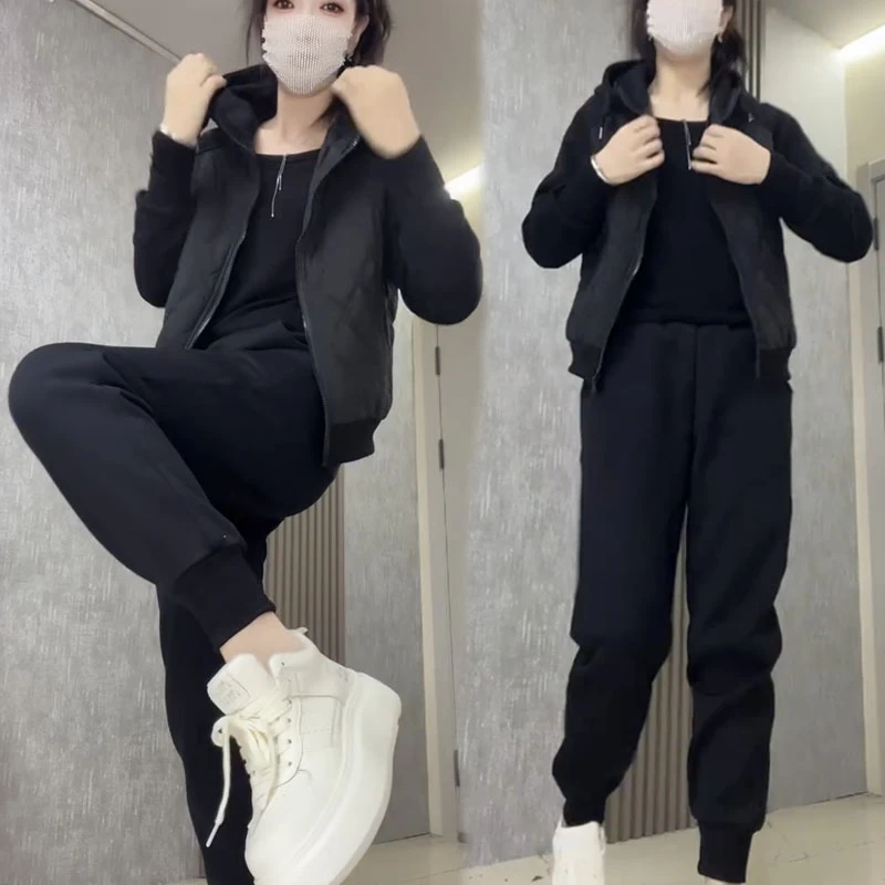 时尚套装女2024秋冬新款休闲运动上衣裤子两件套洋气连帽开衫外套