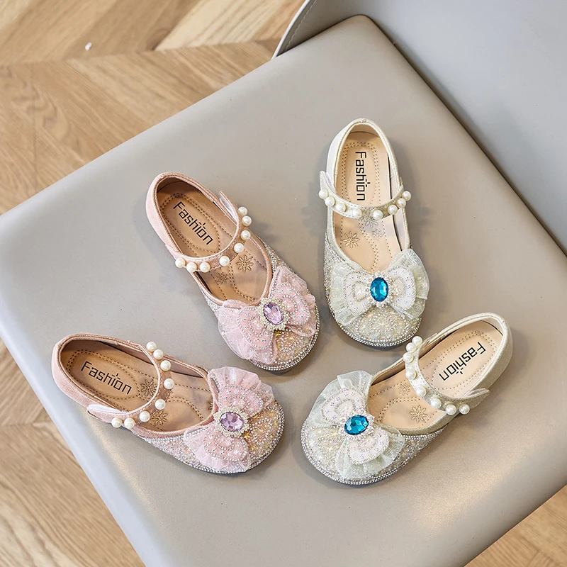 秋季新款艾莎公主鞋 韩版时间女童鞋 珍珠亮钻小女孩儿童鞋