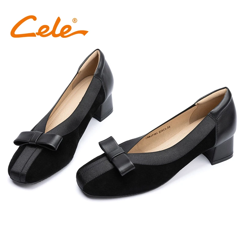 【Cele策乐】时尚真皮蝴蝶结浅口女粗跟百搭2024秋季方头软底一脚蹬