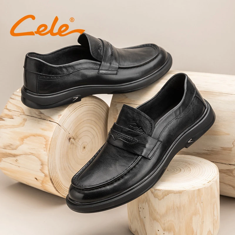 Cele策乐休闲皮鞋男2024早春新款真皮黑色商务一脚蹬乐福鞋爸爸鞋