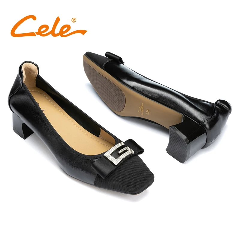 Cele策乐浅口单鞋女2024春季粗跟中跟方头职业通勤女鞋真皮妈妈鞋