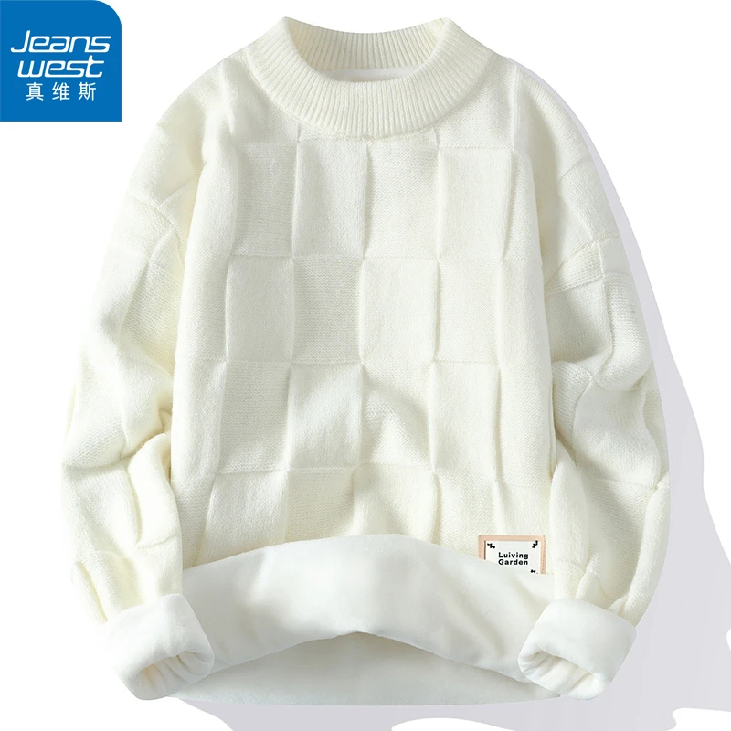 真维斯/Jeanswest保暖圆领毛衣男士秋冬季新款拼接加厚纯色针织衫