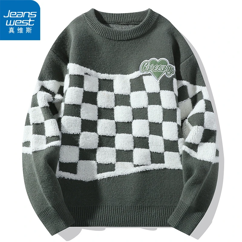 Jeanswest/真维斯秋冬季男女款毛衣潮牌美式休闲情侣日系宽松圆领