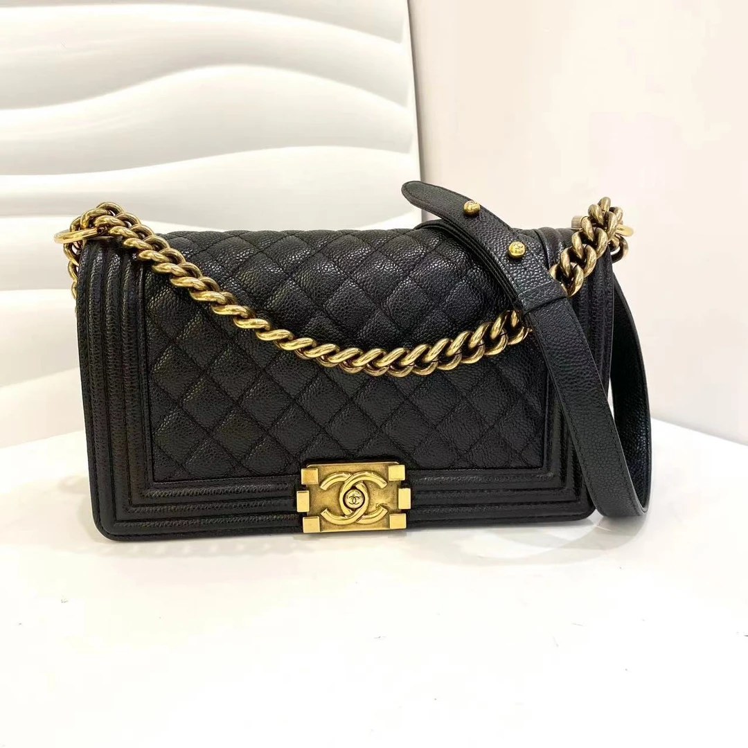 99新 Chanel/香奈儿 蔚蓝/黑金荔枝牛 做旧金 中号 leboy 30开