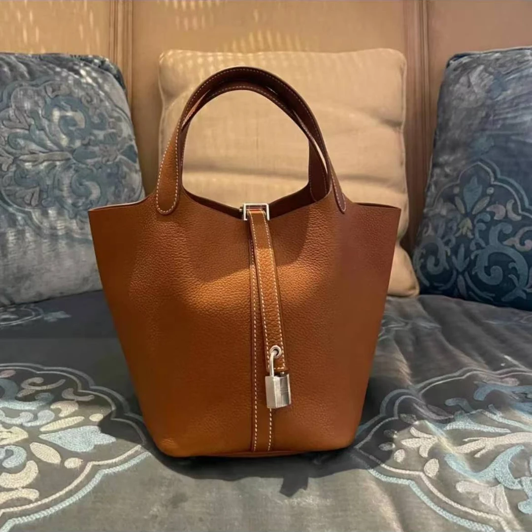 99新 Hermes/爱马仕 蔚蓝中古/南瓜色 银扣菜篮子 Z刻