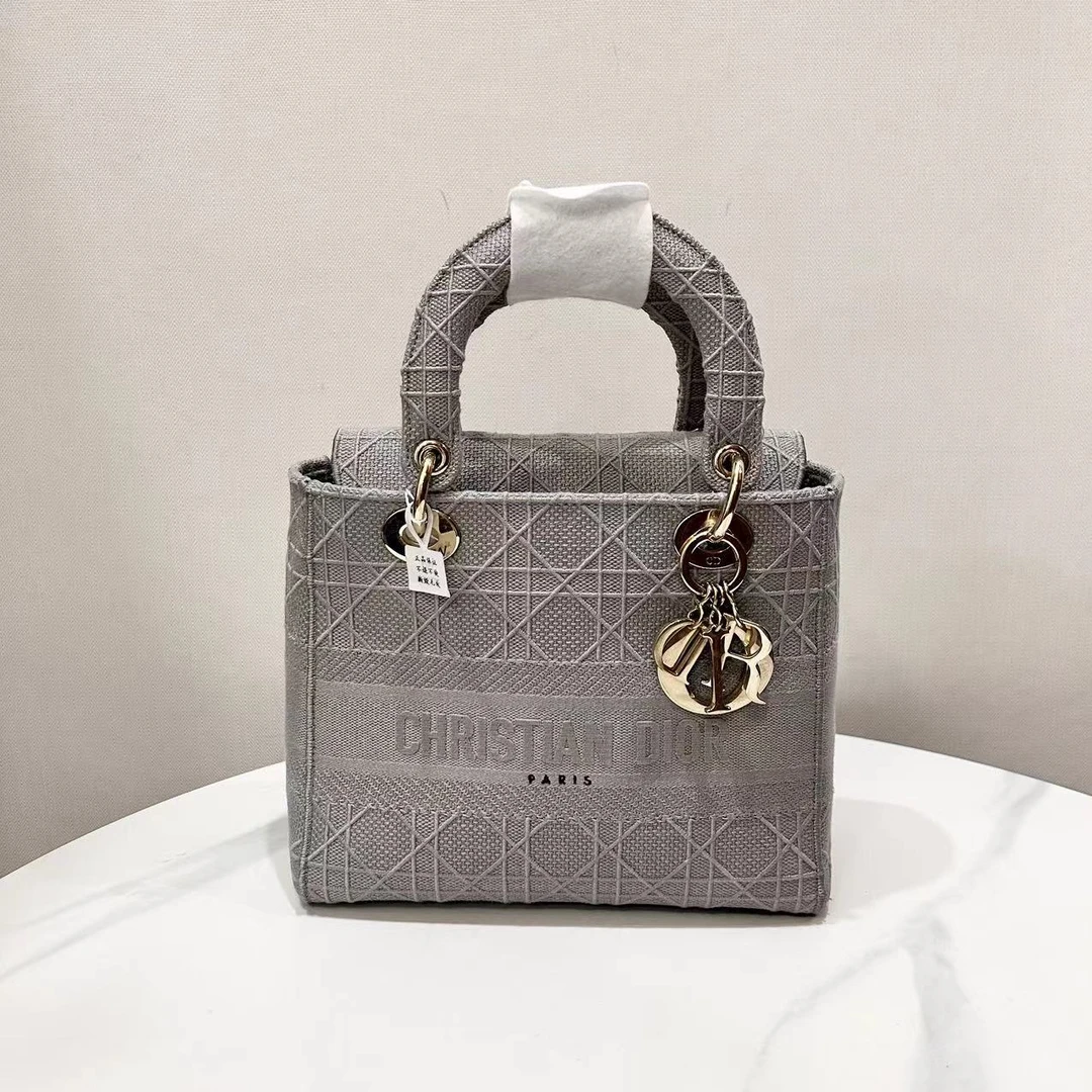 95新 DIOR/迪奥 蔚蓝中古/藤格纹刺绣帆布灰色戴妃 五格