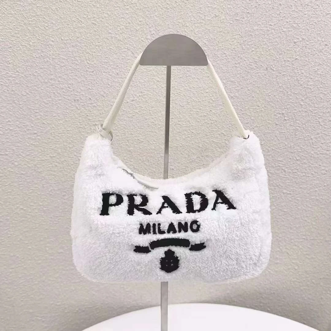 99新 Prada/普拉达 蔚蓝/毛绒 hobo 腋下包