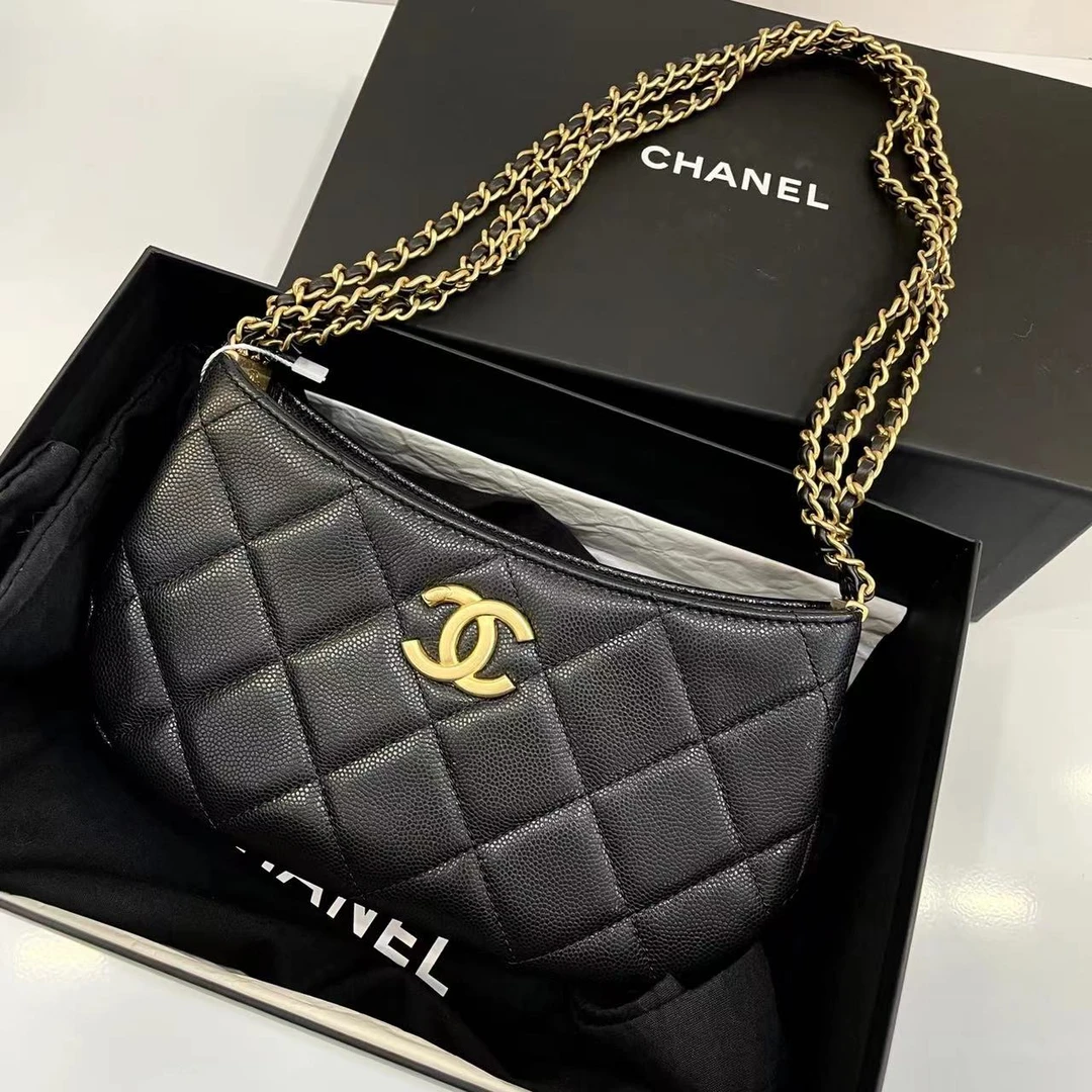 全新未使用 Chanel/香奈儿 蔚蓝中古/24C 黑金牛鱼子酱hobo链条包