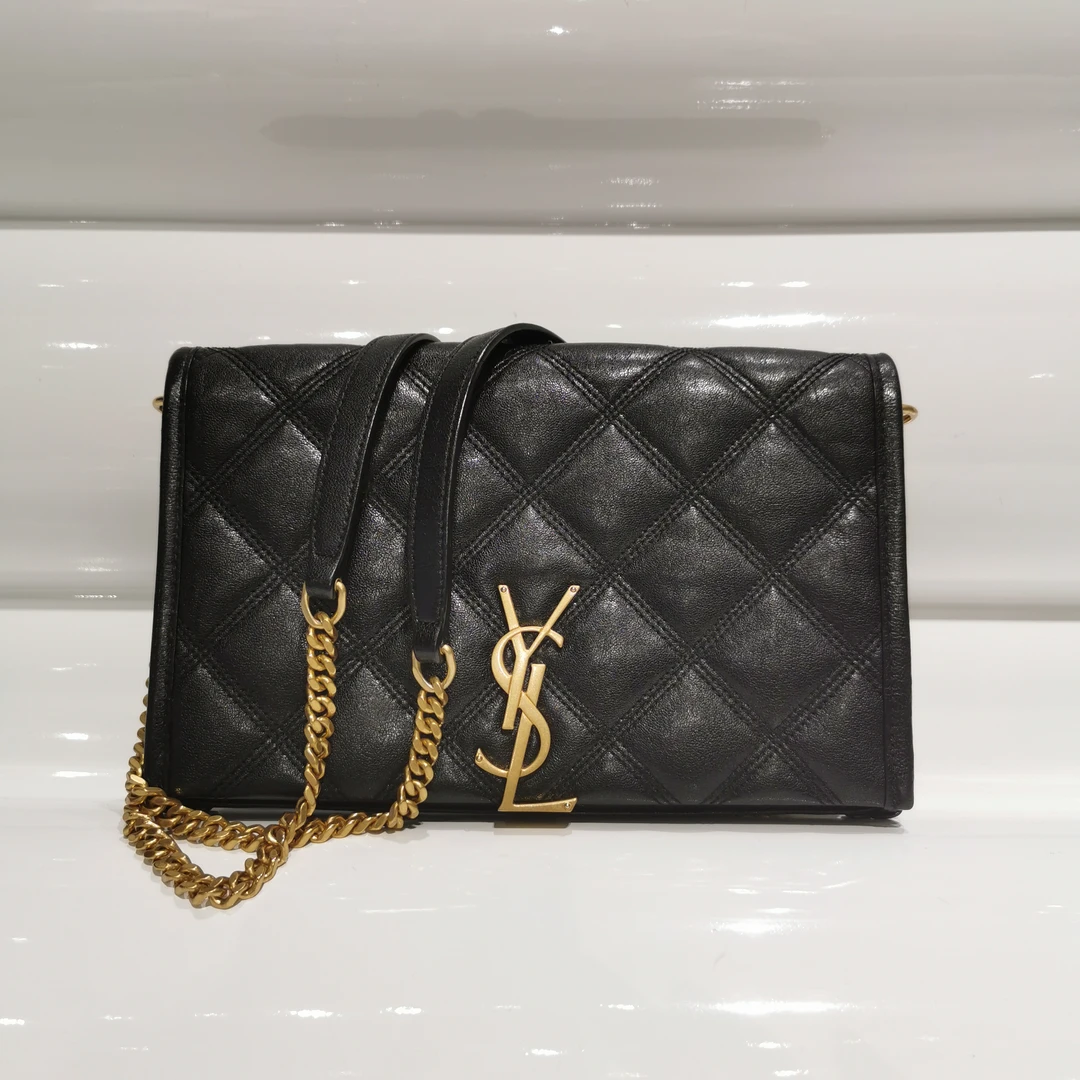 95新 YSL/圣罗兰 蔚蓝/黑金羊 becky 菱格链条包/超难买