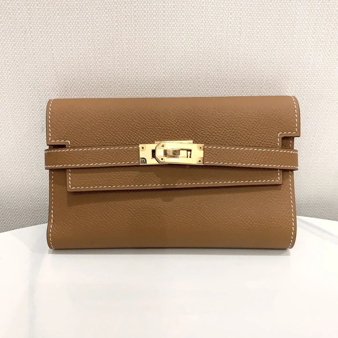 全新未使用 Hermes/爱马仕 蔚蓝/kelly 三折钱包 金棕金扣 D刻