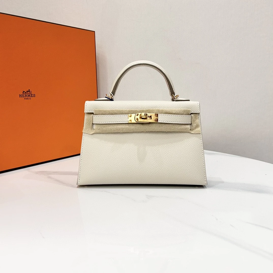 全新未使用 Hermes/爱马仕 蔚蓝/mini kelly 二代 白色e皮w刻