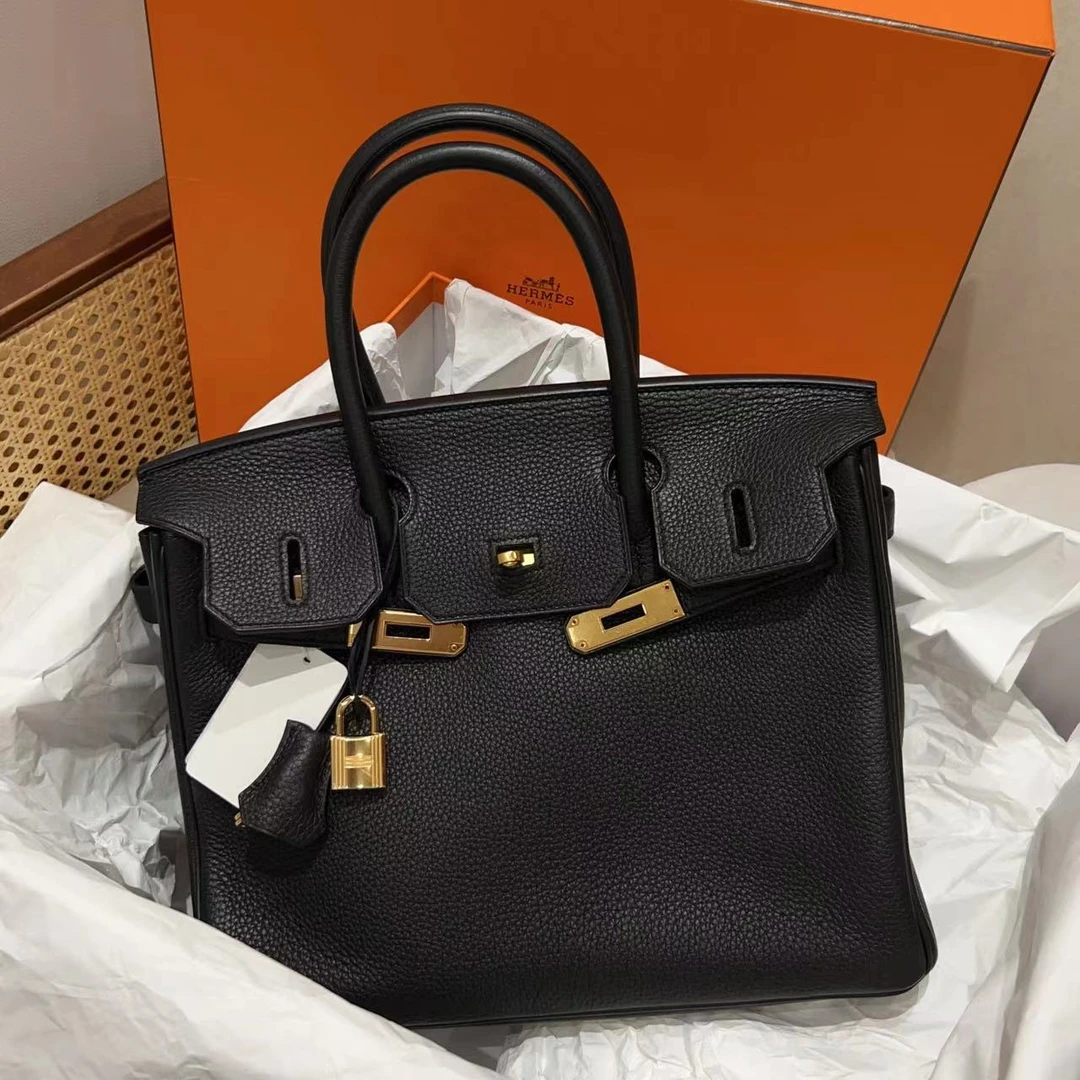 95新 Hermes/爱马仕 蔚蓝/birkin 30黑金五角星框Q刻手提包98新