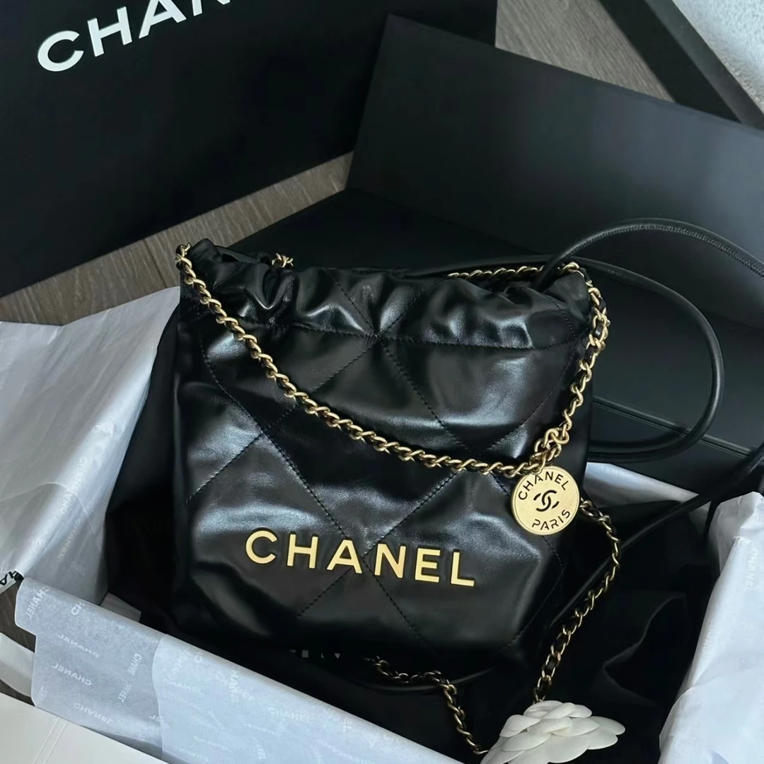 99新 Chanel/香奈儿 蔚蓝/黑金 油蜡皮 22bag mini 垃圾袋