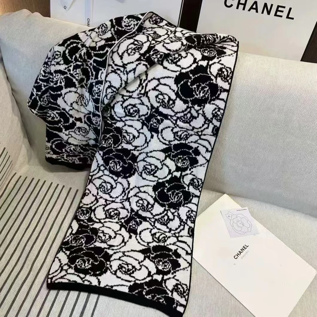 全新未使用 Chanel/香奈儿 蔚蓝/23K 山茶花 羊绒围巾