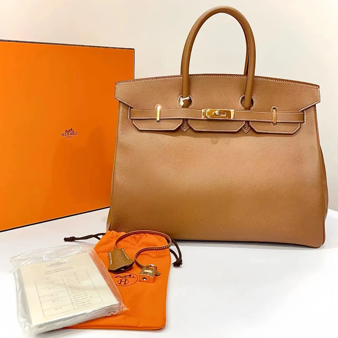 99新 Hermes/爱马仕 蓝总福利/birkin 35 金棕金扣 框F 手提包