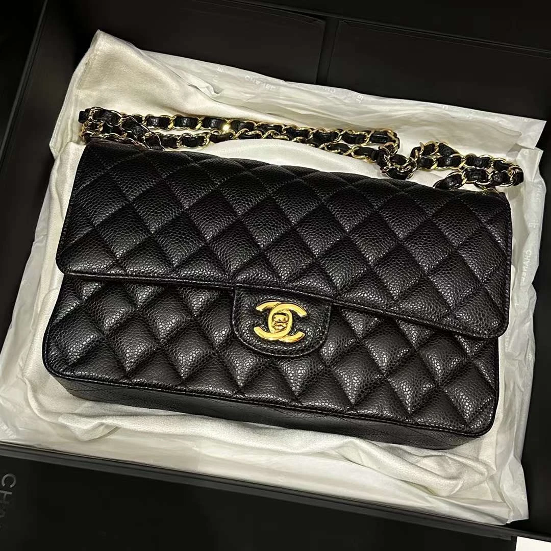 全新未使用 Chanel/香奈儿 蔚蓝/黑金 中号 荔枝牛 CF 单肩包