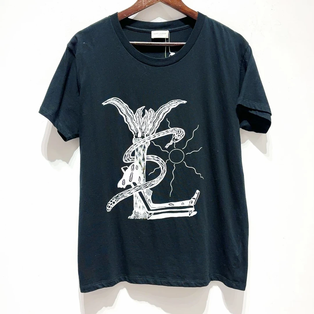 95新 YSL/圣罗兰 蔚蓝/ 黑色字母短袖 男款 黑色  M码 98新