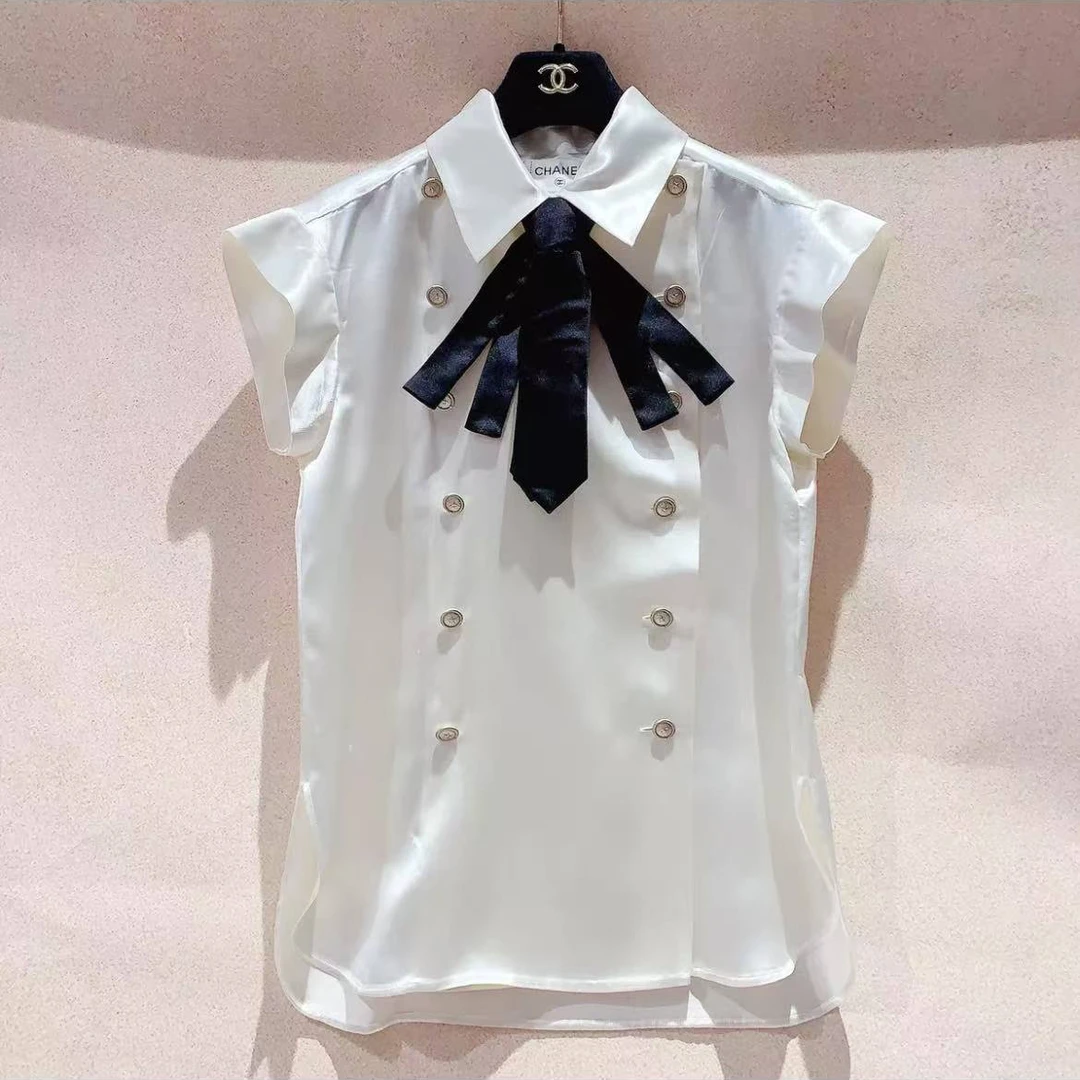 99新 Chanel/香奈儿 蔚蓝/衬衫上衣 领结可拆 香槟色 36码