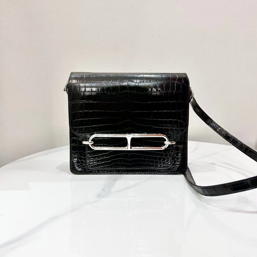 99新 Hermes/爱马仕 蔚蓝/roulis 猪鼻子23 黑银亮面鳄鱼皮