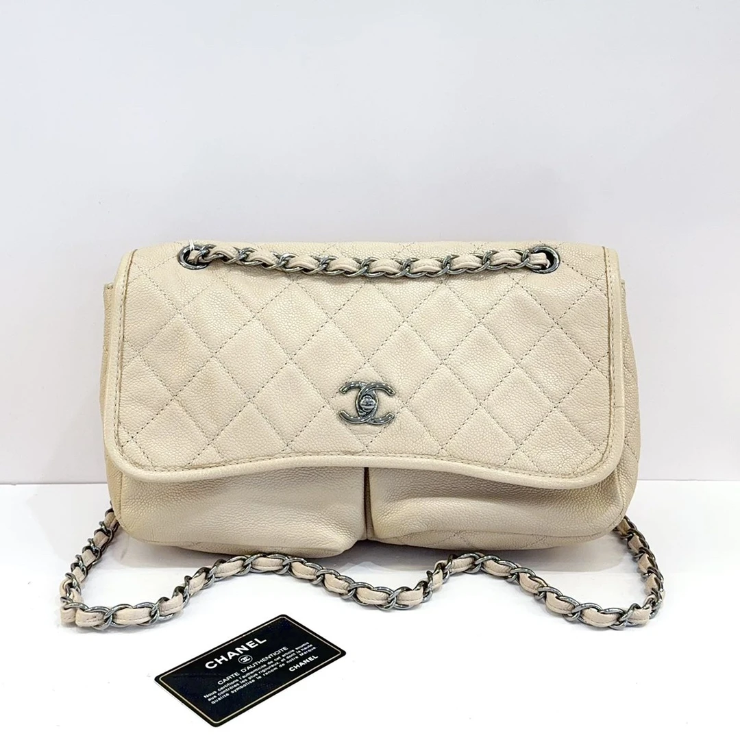 99新 Chanel/香奈儿 蓝总福利/奶茶色牛皮 CF 双口袋机场包