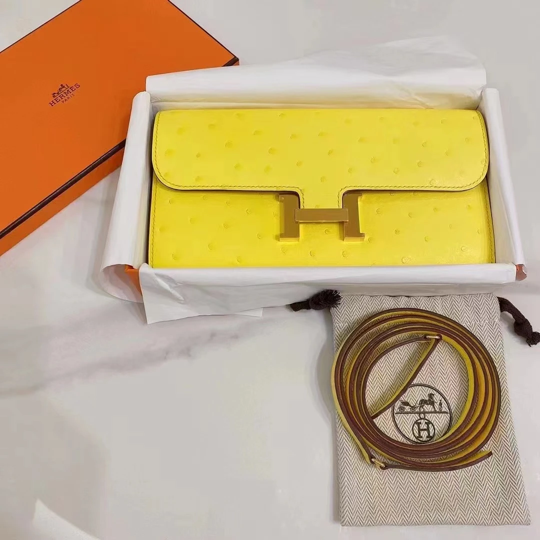 全新未使用 Hermes/爱马仕 蓝总专场/康康 to go 黄色鸵鸟皮金扣