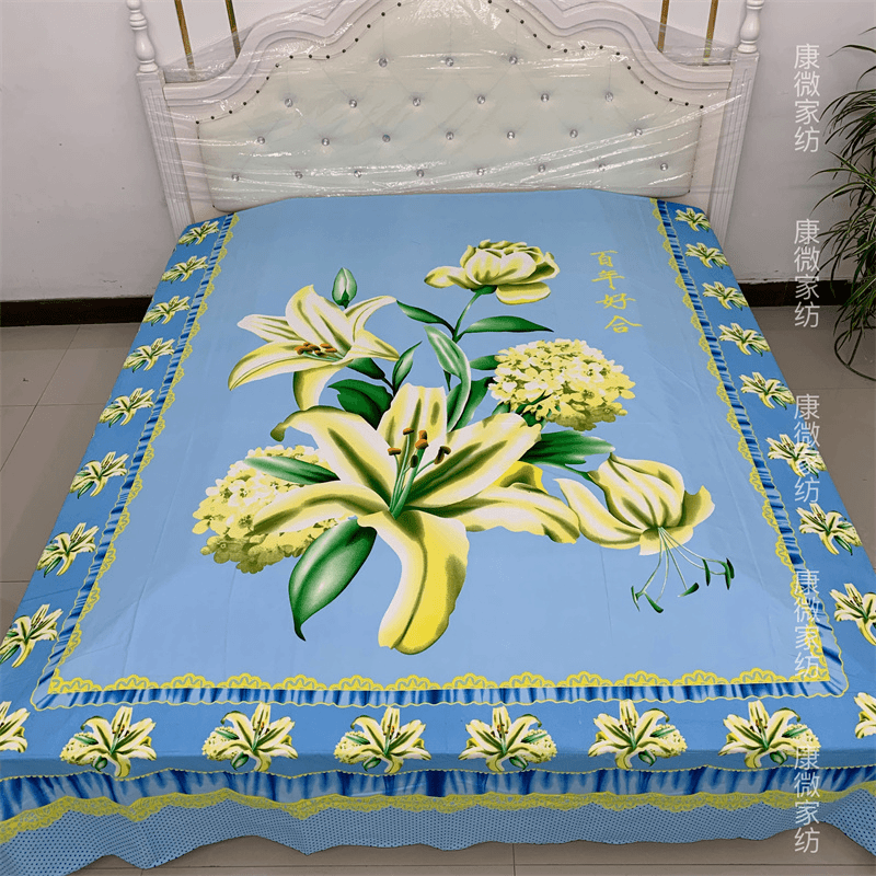 浅蓝百合加大加厚水洗布料亲肤柔软2.3米×2.4米四季通用双人床单