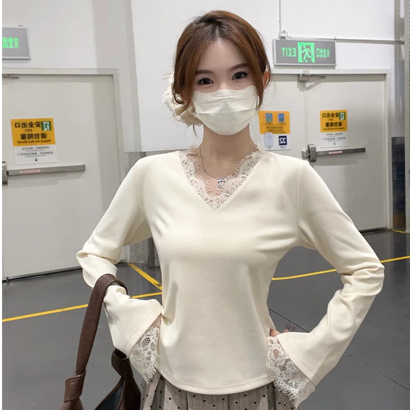 【林魅魅】2024秋冬新款胖mm大码女蕾丝加绒加厚打底长袖T恤上衣