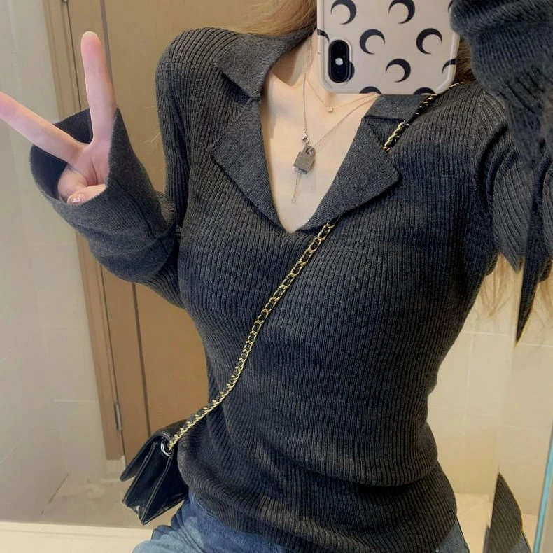 【橙cc】大码女装韩版毛衣2024秋冬新款V领长袖纯色打底衫T恤女