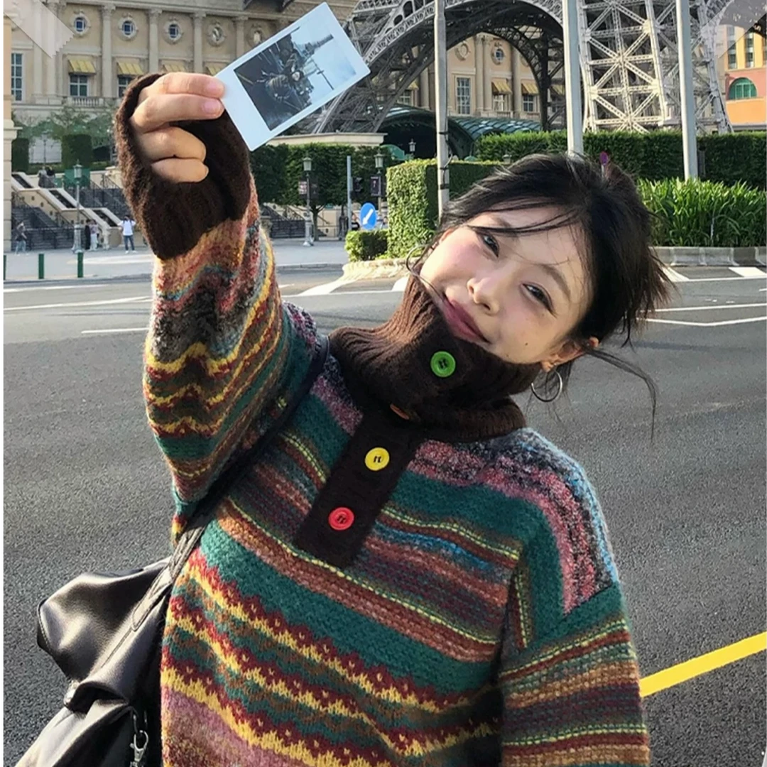 韩版复古撞色高领长袖针织毛衣女秋冬新款慵懒风百搭上衣023