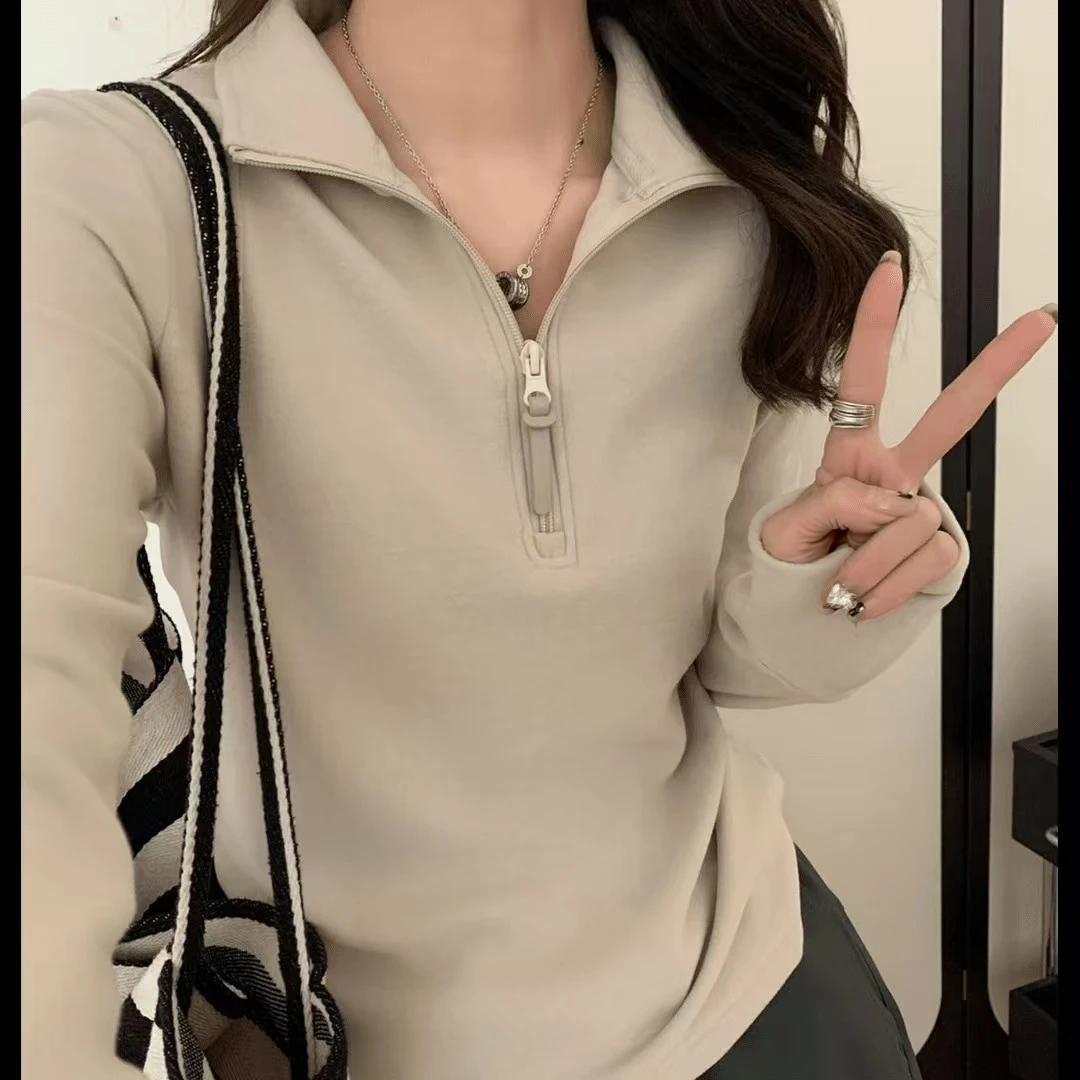 【气质女装】2024秋冬新款胖mm大码女加厚半拉链polo领打底长袖T恤