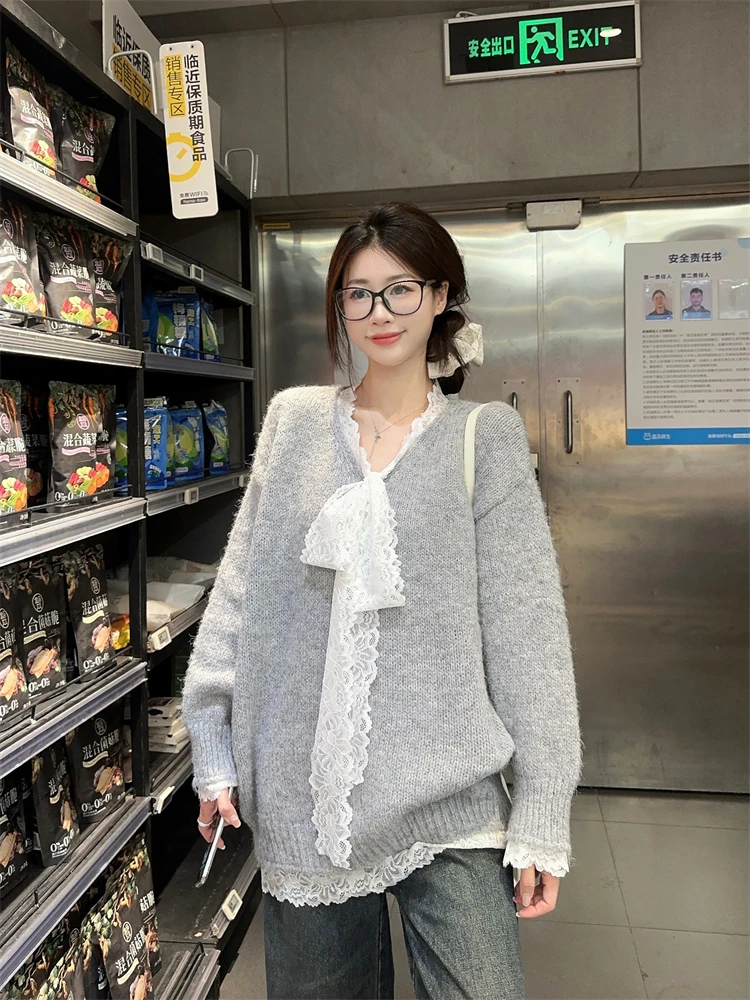 大码蕾丝可爱百搭毛衣外套宽松加厚慵懒风套头针织衫女