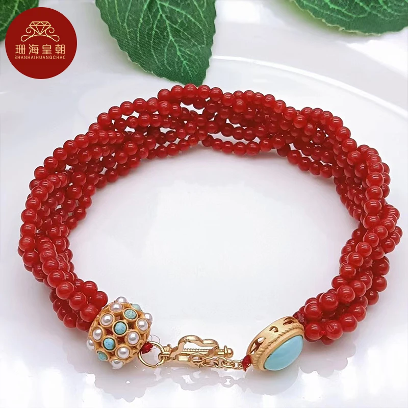 珊海皇朝天然珊瑚手链沙丁圆珠手工编织麻花轻奢手链多样性发一