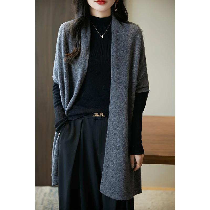 纯羊毛披肩女中长款围巾开衫宽松百搭马甲外套针织打底复古慵懒风