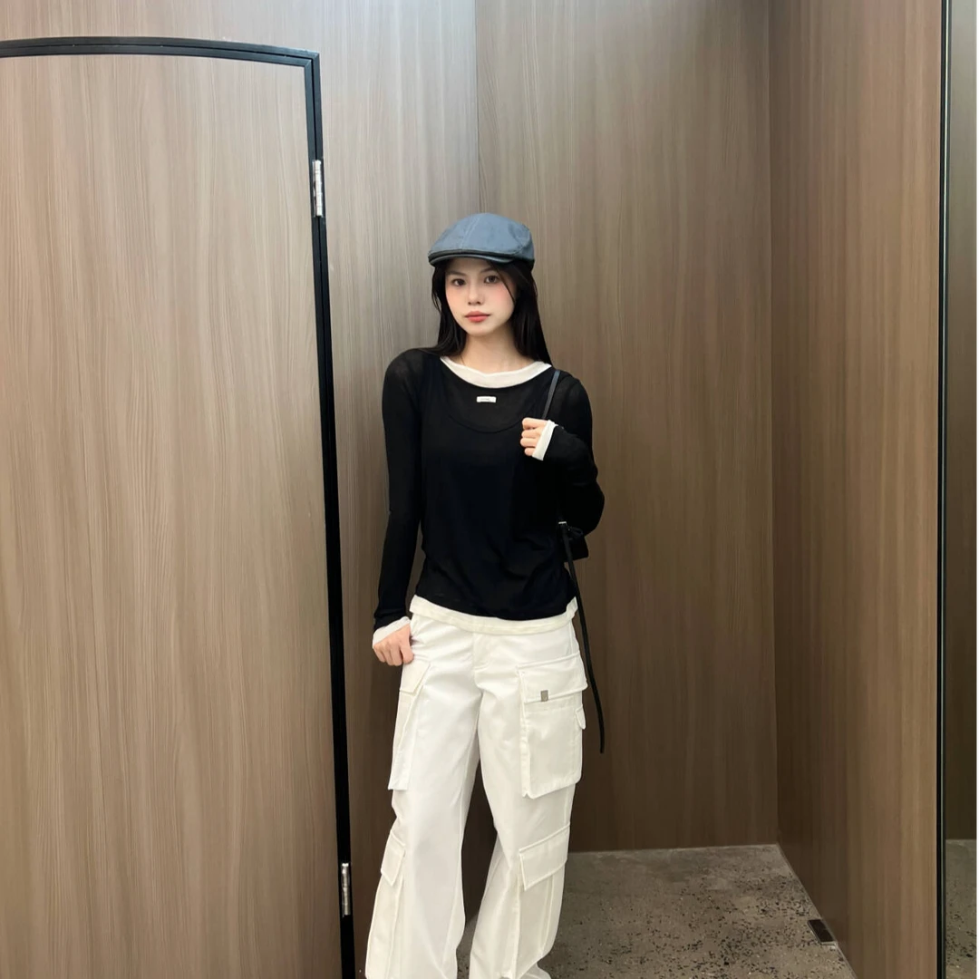 【VIINS】秋季新款纯色真两件高级松弛感背心长袖打底3043