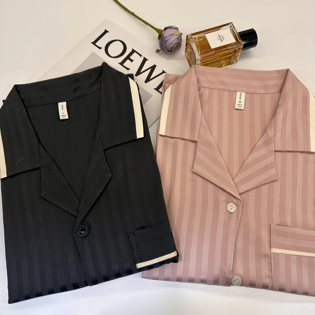 情侣睡衣高品质时尚休闲男女士竖条纹提花气质轻奢简约家居服套装