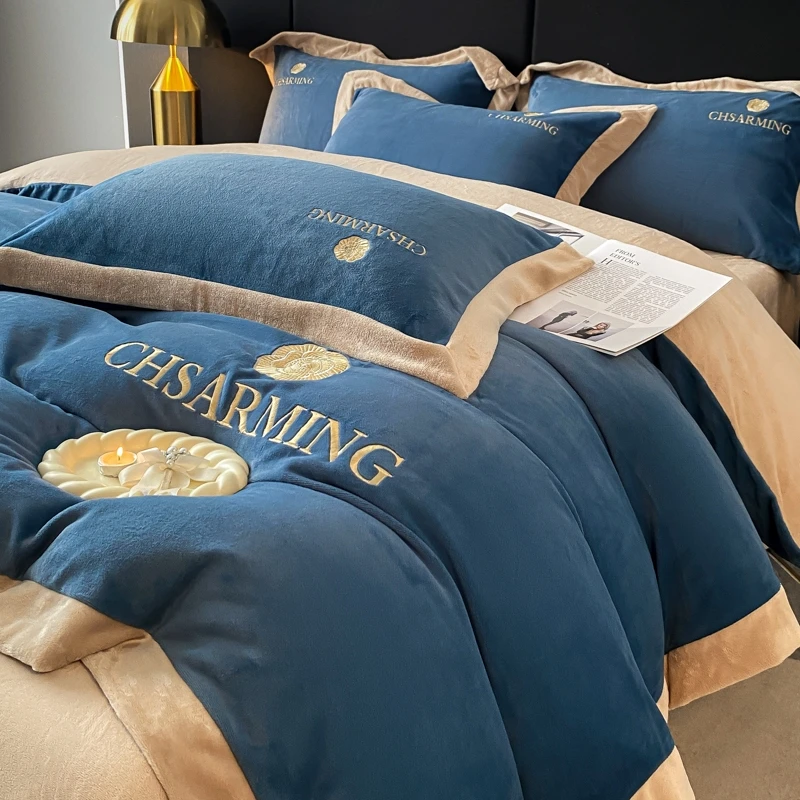 牛奶绒加厚简约花边刺绣双面轻奢秋冬新款毛绒床上用品四件套绒被